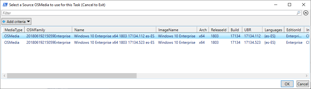Selección de OSMedia inicial para la OSBuildTask