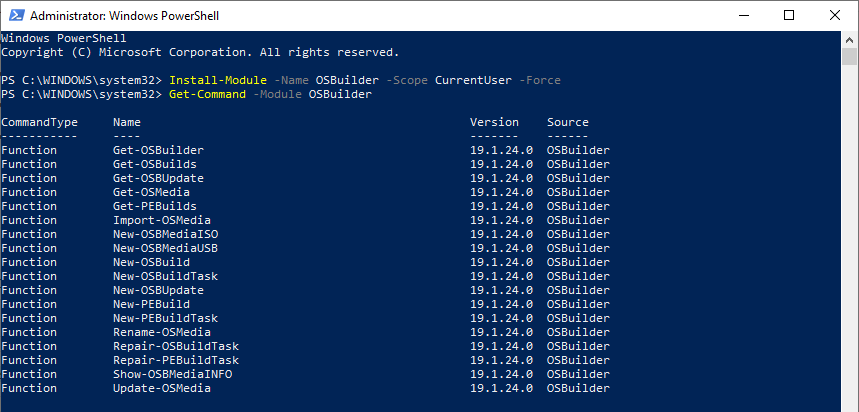 Instalación de OSBuilder y listado de los cmdlets disponibles