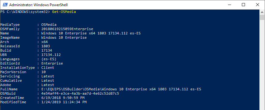 Lista de SO importados (en este caso Windows 10 1803, Build 17134.112)