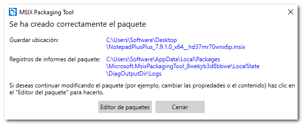Paquete MSIX creado correctamente